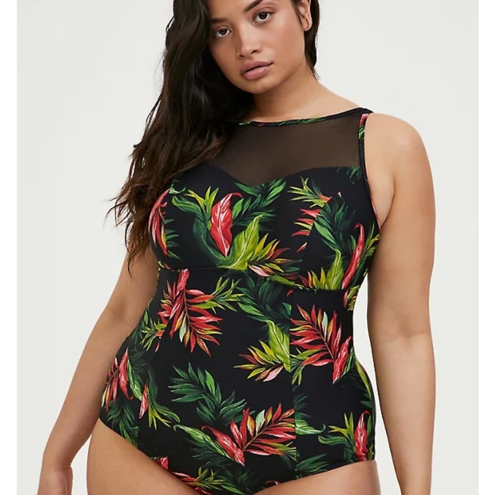 New! Torrid sz 00 Tropical High Neck Mesh Swim Suit Bathing M/L 10